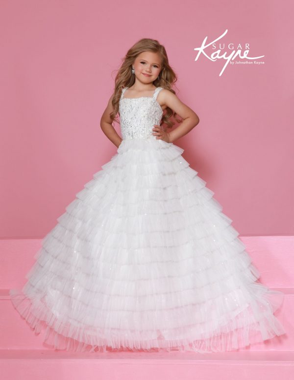 White tiered ruffle ball gown with sequin-embellished bodice, designed for pageants by johanthan kayne sugar kayne.